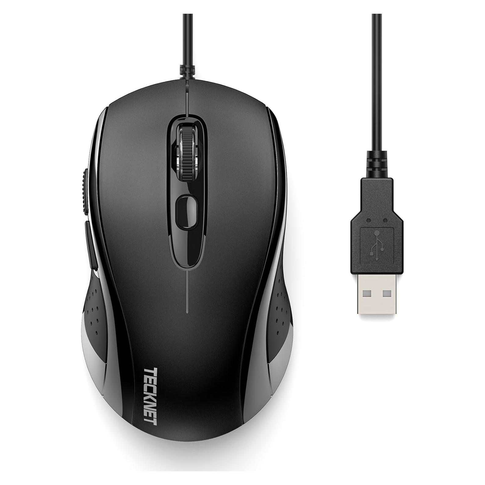 TECKNET Wired Mouse, USB Wired Computer Mice, 3600DPI 4 Adjustable Levels, 6-Button Ergonomic Mouse for Laptop PC Desktop Notebook - Black