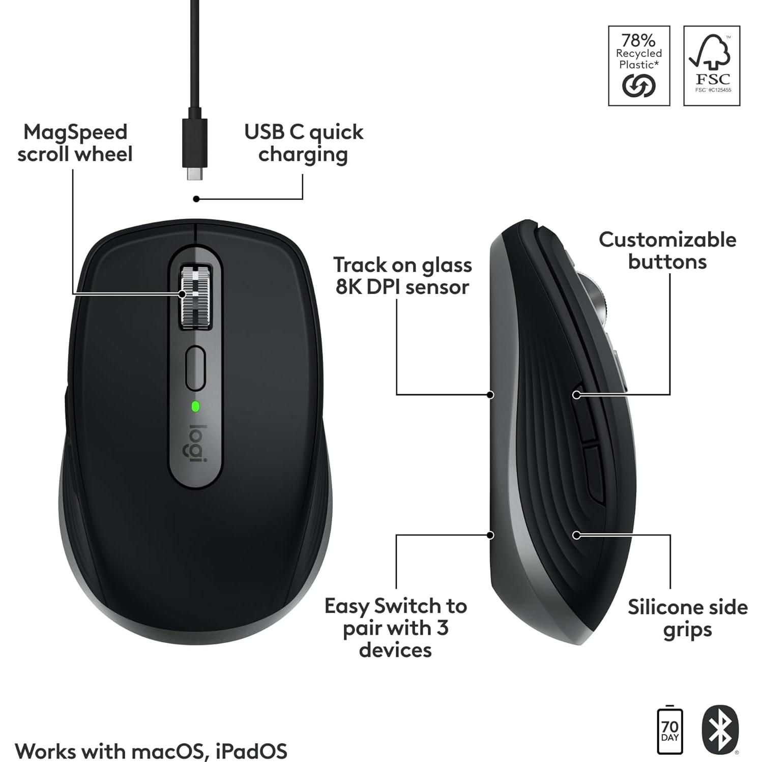 Logitech MX Anywhere 3S for Mac, Compact Wireless Bluetooth Mouse, 8K DPI Any-Surface Tracking, Quiet Clicks, USB C, Wireless Mouse for MacBook Pro, MacBook Air, iMac, iPad - Space Grey