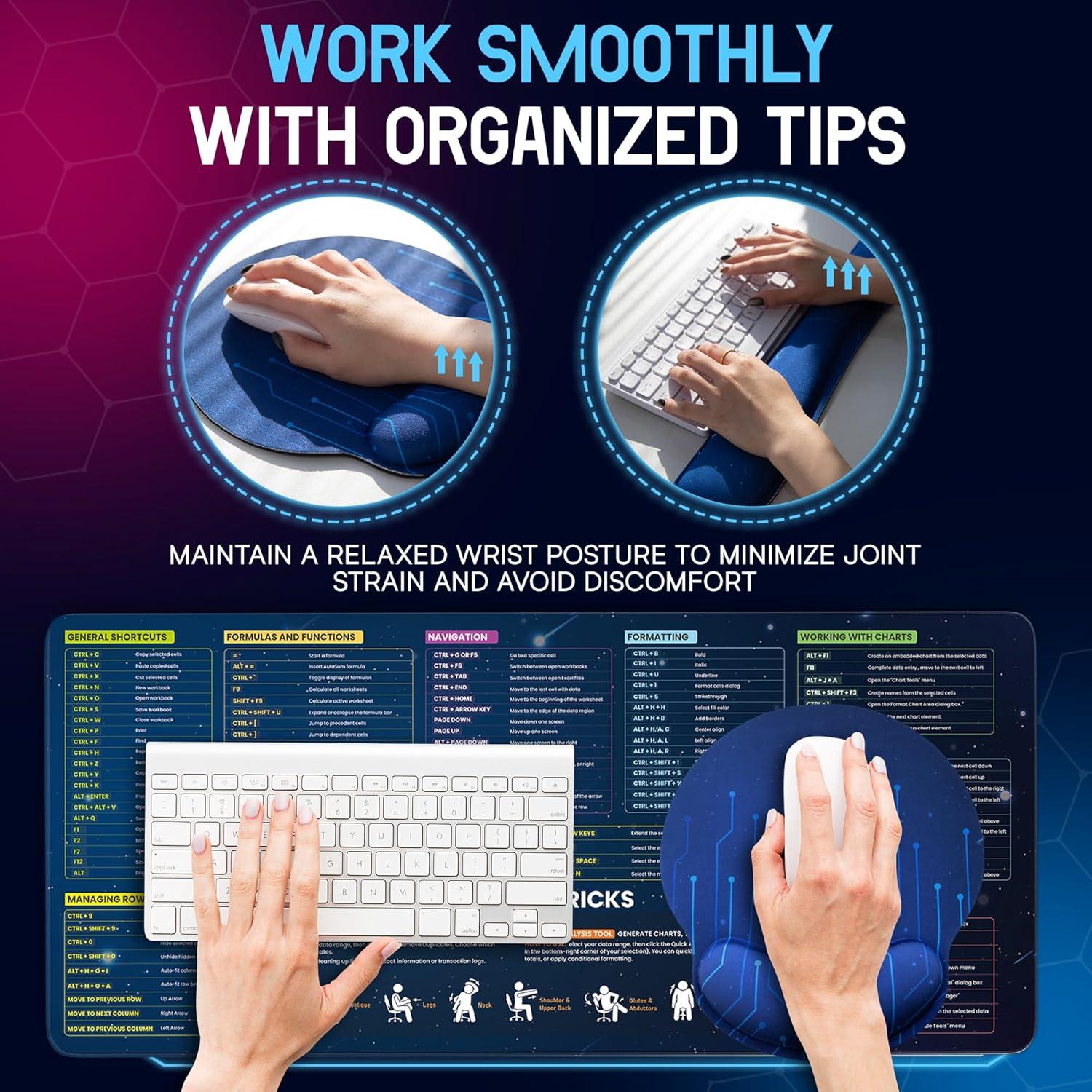 Alfombrilla de Escritorio Ergonómica JAMNOLA XL 90x40 cm con Atajos de Excel