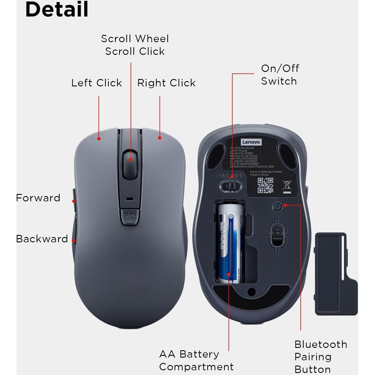 Ratón Bluetooth Silencioso Lenovo WL300 - 5 Botones, 1600 DPI