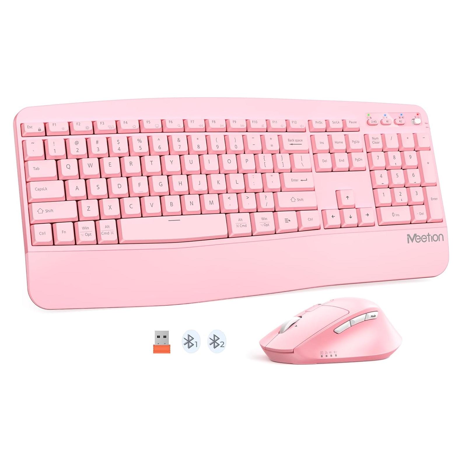 Teclado y Ratón Inalámbricos MEETION Ergonomico Rosa
