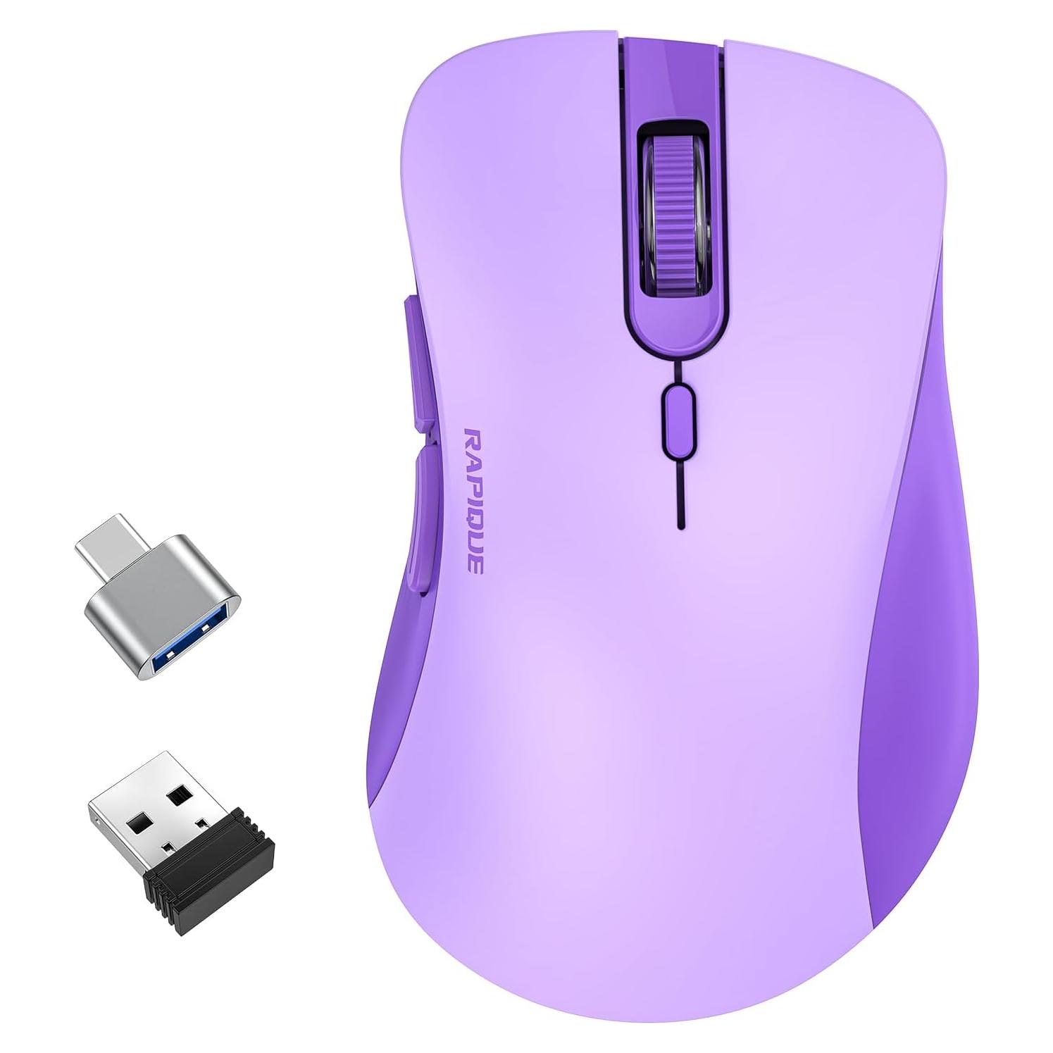 Wireless Mouse - Silent Computer Mice with USB Receiver & Type-C Adapter, Low Power, Ergonomic Cordless Mouse for Laptop, PC, Desktop, MacBook, 3 Adjustable DPI Levels (Purple)