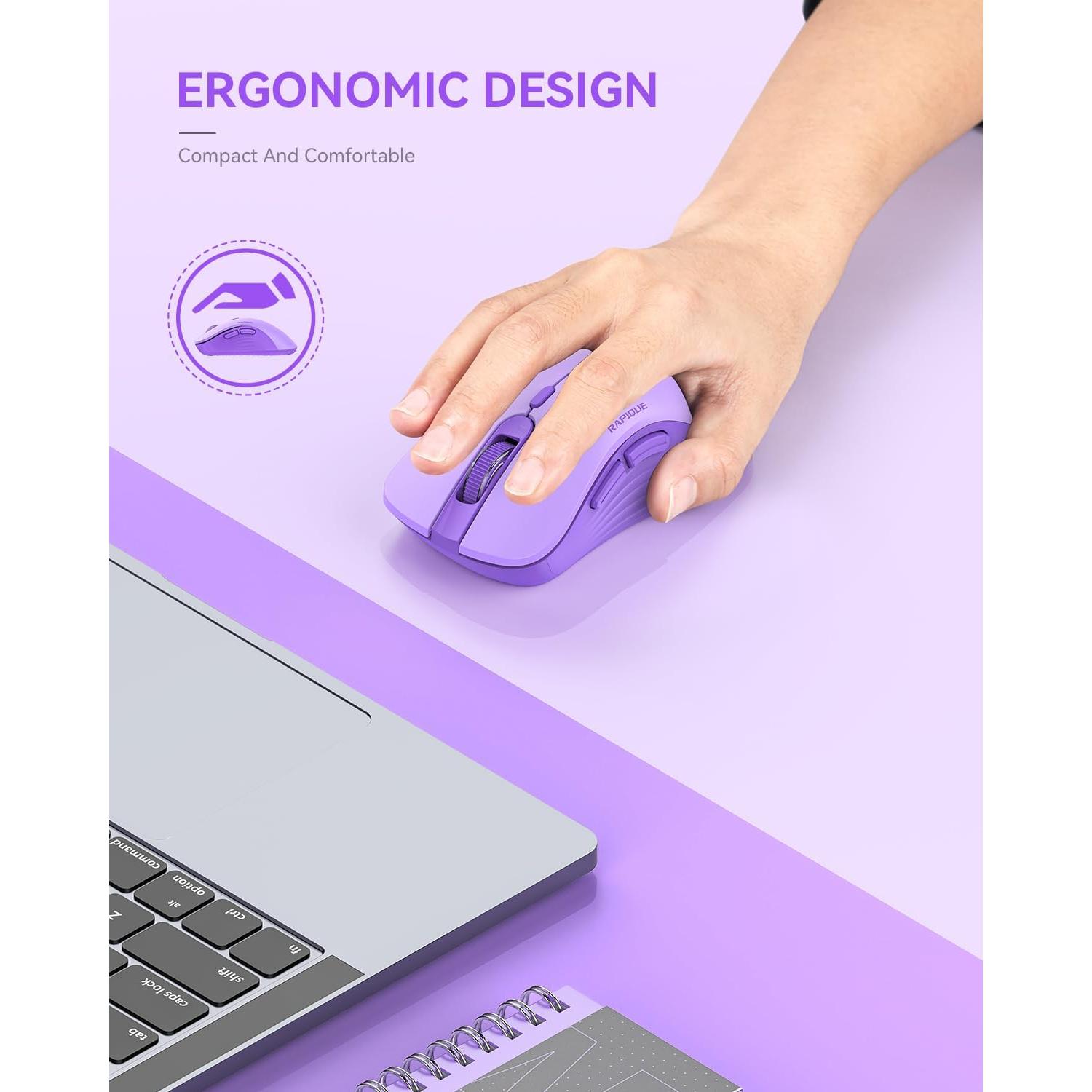 Wireless Mouse - Silent Computer Mice with USB Receiver & Type-C Adapter, Low Power, Ergonomic Cordless Mouse for Laptop, PC, Desktop, MacBook, 3 Adjustable DPI Levels (Purple)