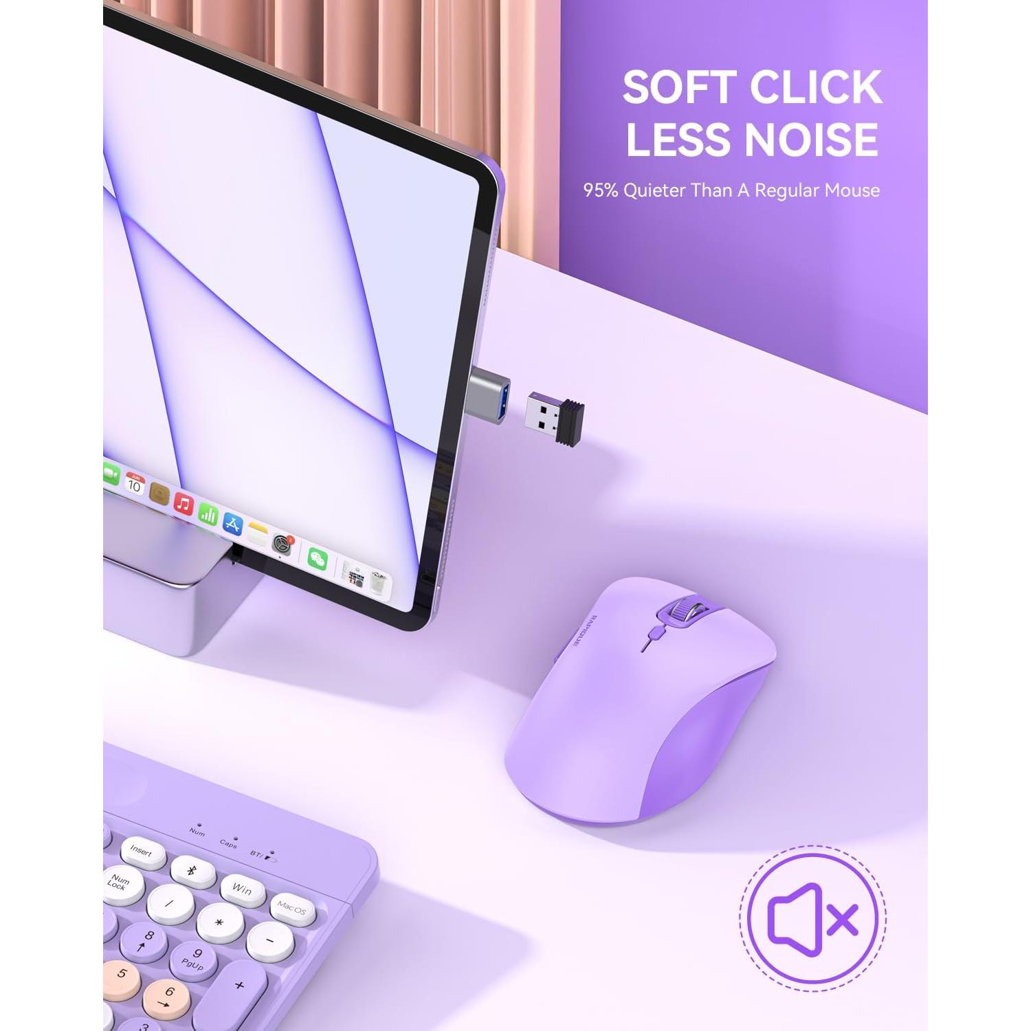 Wireless Mouse - Silent Computer Mice with USB Receiver & Type-C Adapter, Low Power, Ergonomic Cordless Mouse for Laptop, PC, Desktop, MacBook, 3 Adjustable DPI Levels (Purple)
