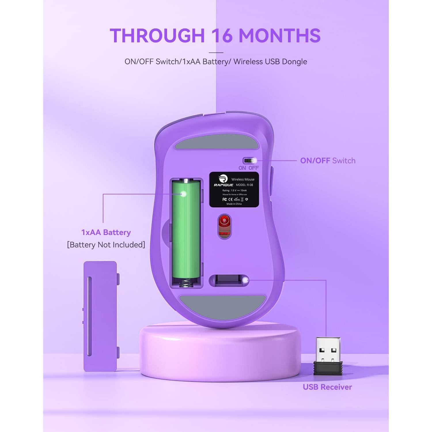 Wireless Mouse - Silent Computer Mice with USB Receiver & Type-C Adapter, Low Power, Ergonomic Cordless Mouse for Laptop, PC, Desktop, MacBook, 3 Adjustable DPI Levels (Purple)