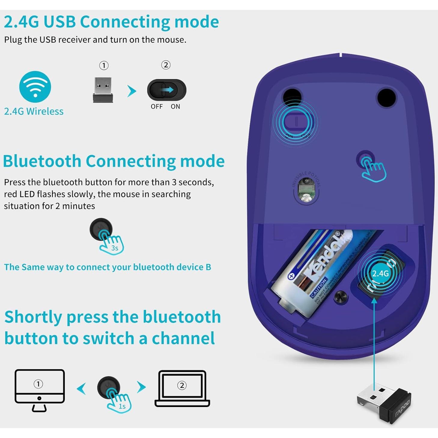 Ratón Inalámbrico Bluetooth Rapoo M100G Azul, Silencioso, 3 Dispositivos