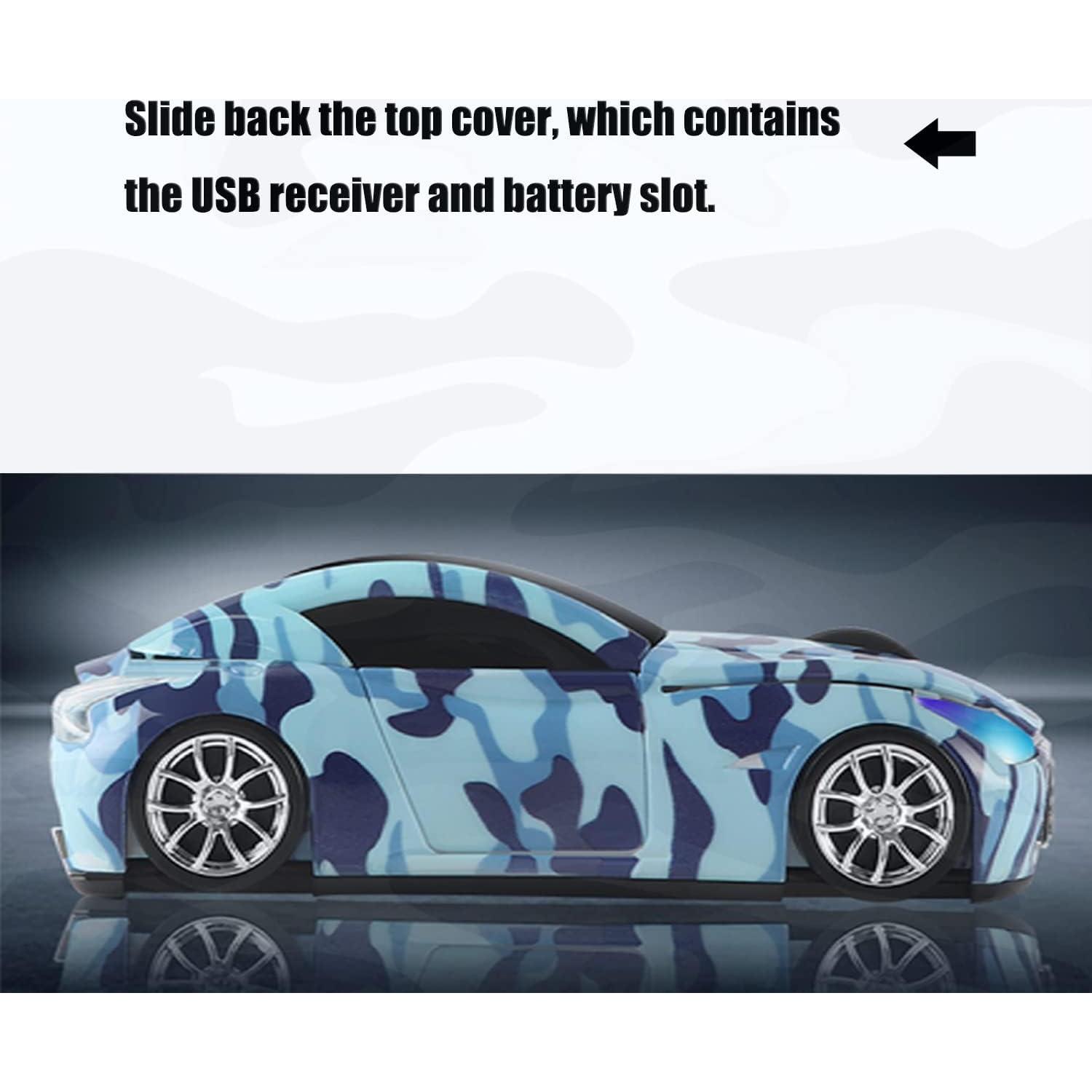 Wireless Mouse, Car Shape Mouse 2.4GHz USB, Cute Wireless Mouse 1600DPI, Ergonomic Mouse for Kids and Adult (Blue Camouflage)