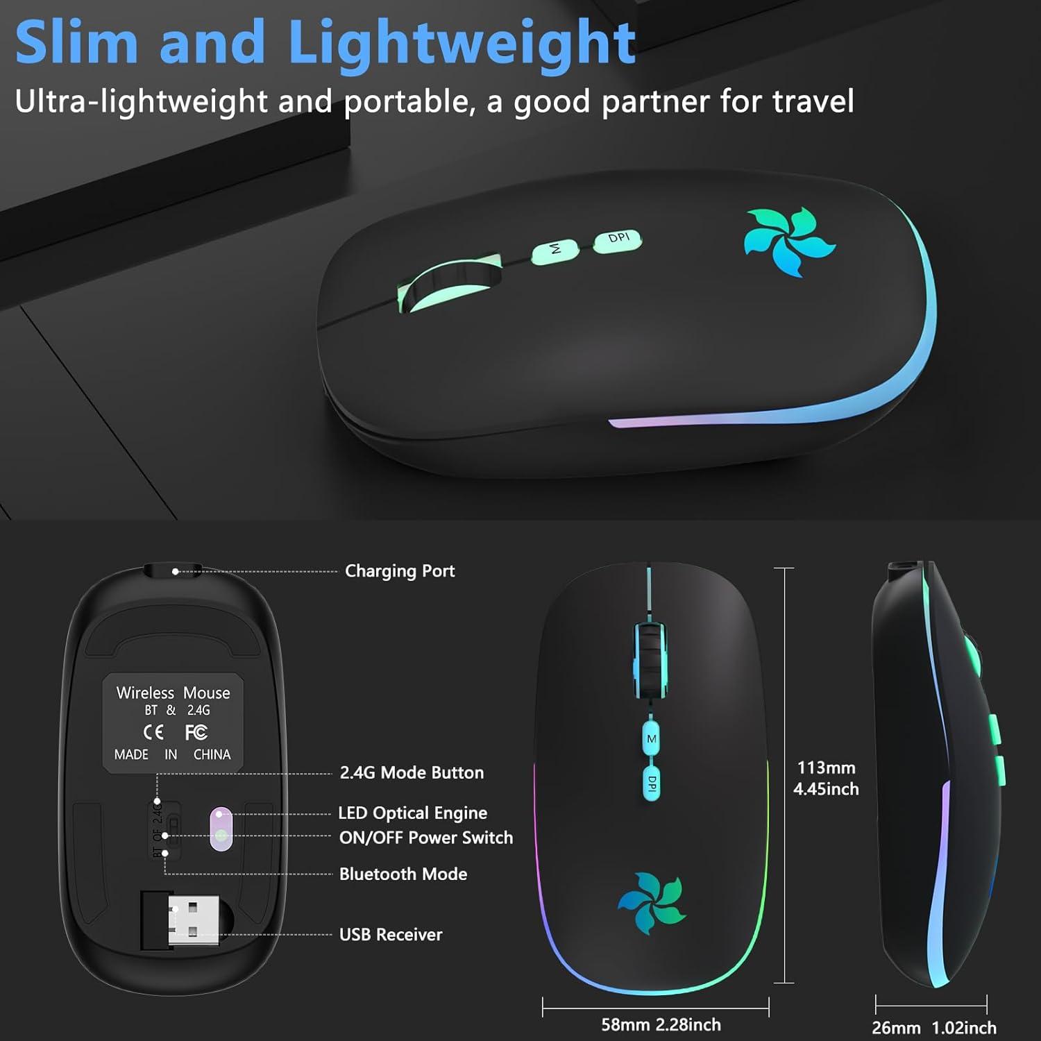 Ratón Inalámbrico KARFUN Bluetooth + 2.4GHz, 7 Luces RGB