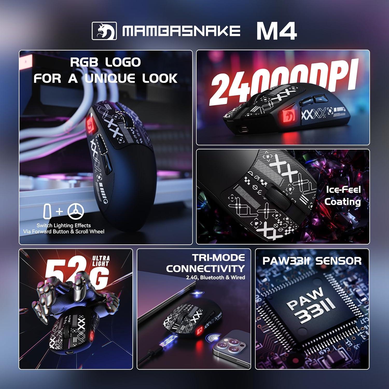 Ratón Gaming Inalámbrico MAMBASNAKE M4 52g RGB 24000 DPI