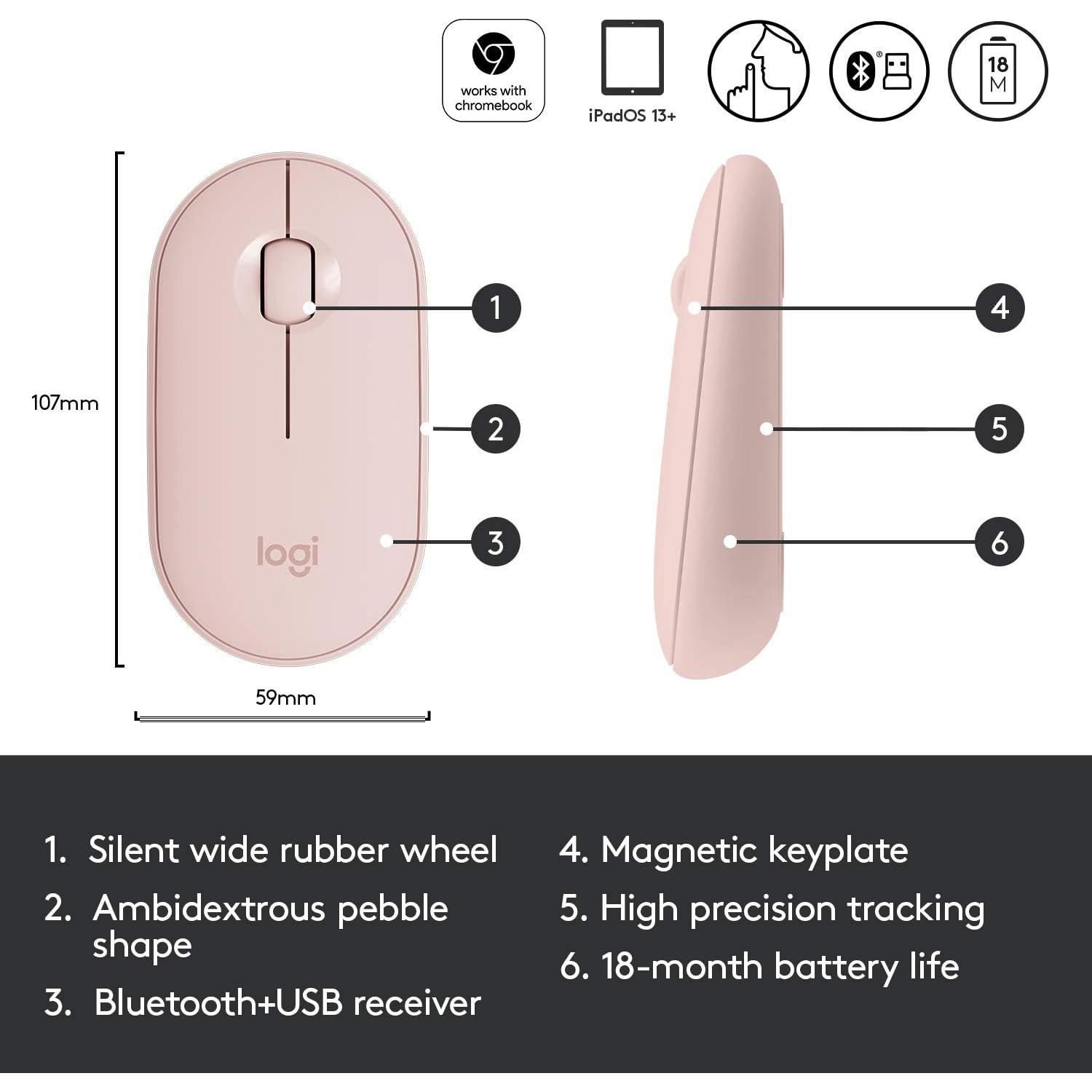 Ratón Inalámbrico Logitech Pebble M350 Rosa, Silencioso, 18 Meses Batería