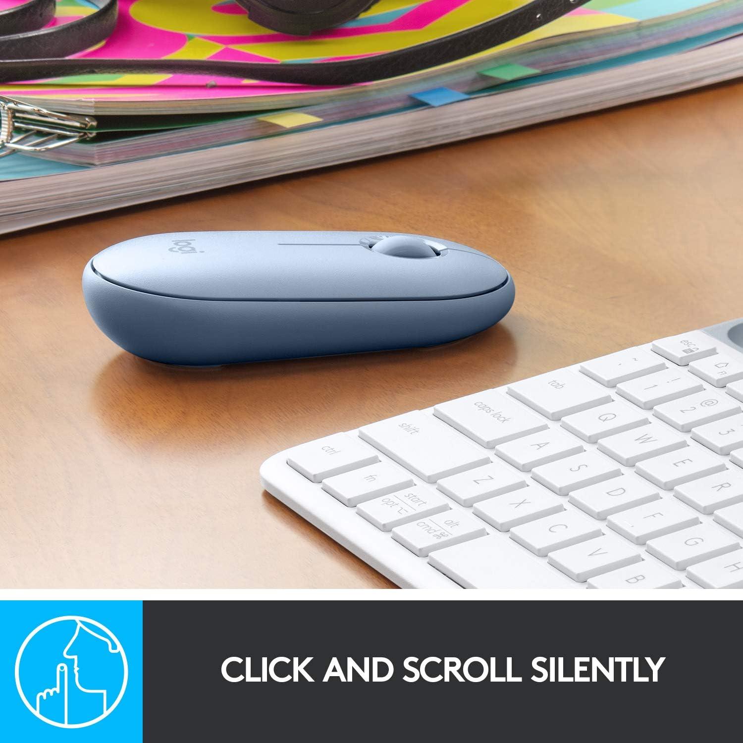 Logitech Pebble M350 Wireless Mouse with Bluetooth or USB - Silent, Slim Computer Mouse with Quiet Click for Laptop, Notebook, PC and Mac - Blue Grey (Renewed)