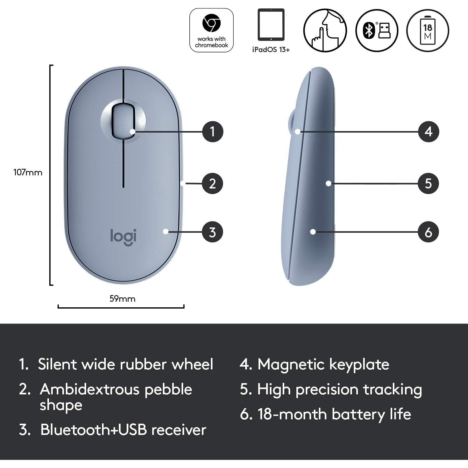 Logitech Pebble M350 Wireless Mouse with Bluetooth or USB - Silent, Slim Computer Mouse with Quiet Click for Laptop, Notebook, PC and Mac - Blue Grey (Renewed)