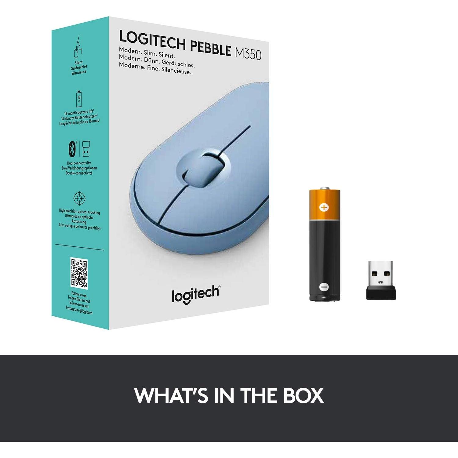 Logitech Pebble M350 Wireless Mouse with Bluetooth or USB - Silent, Slim Computer Mouse with Quiet Click for Laptop, Notebook, PC and Mac - Blue Grey (Renewed)