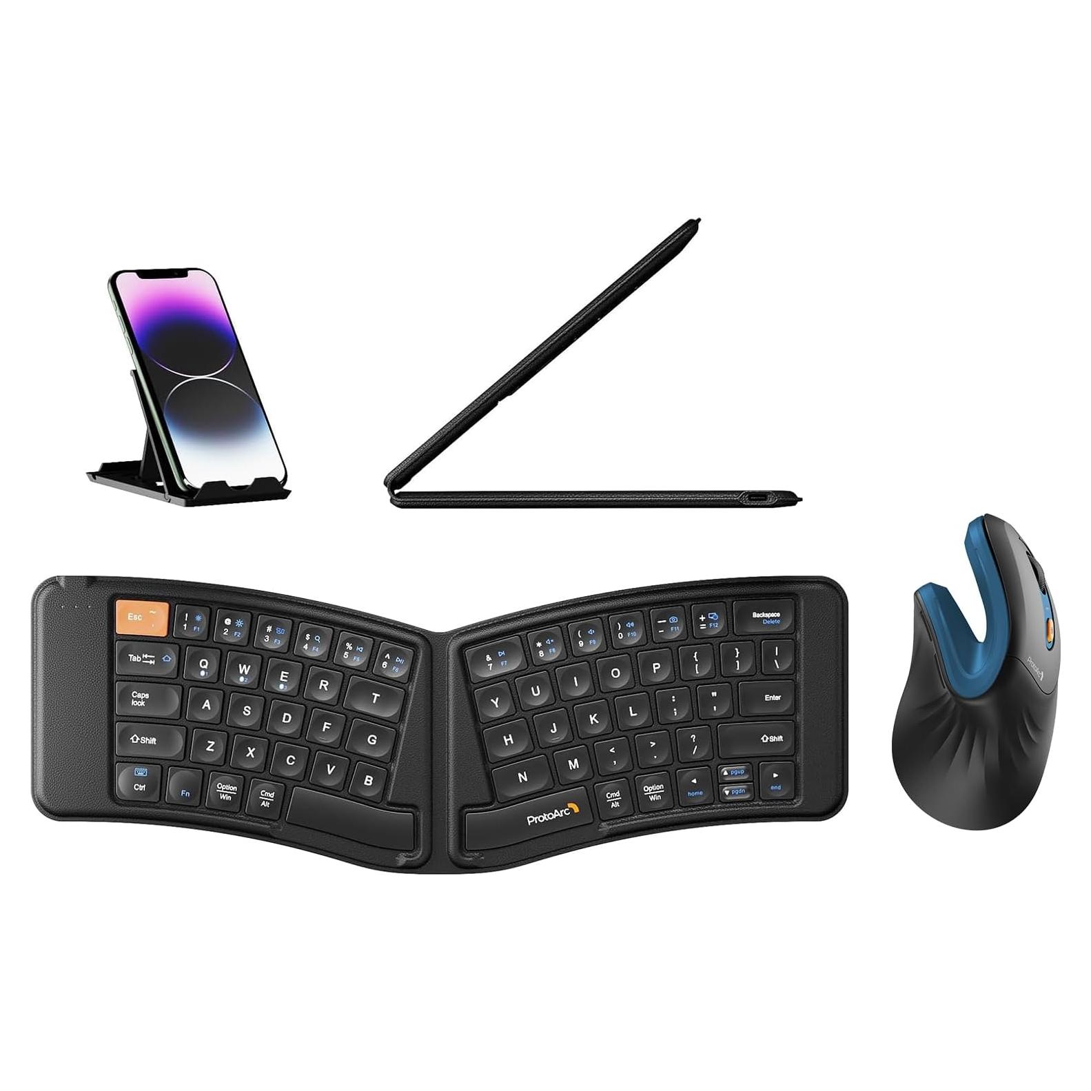 Teclado Ergonómico Plegable ProtoArc XK03 + Ratón Inalámbrico Azul