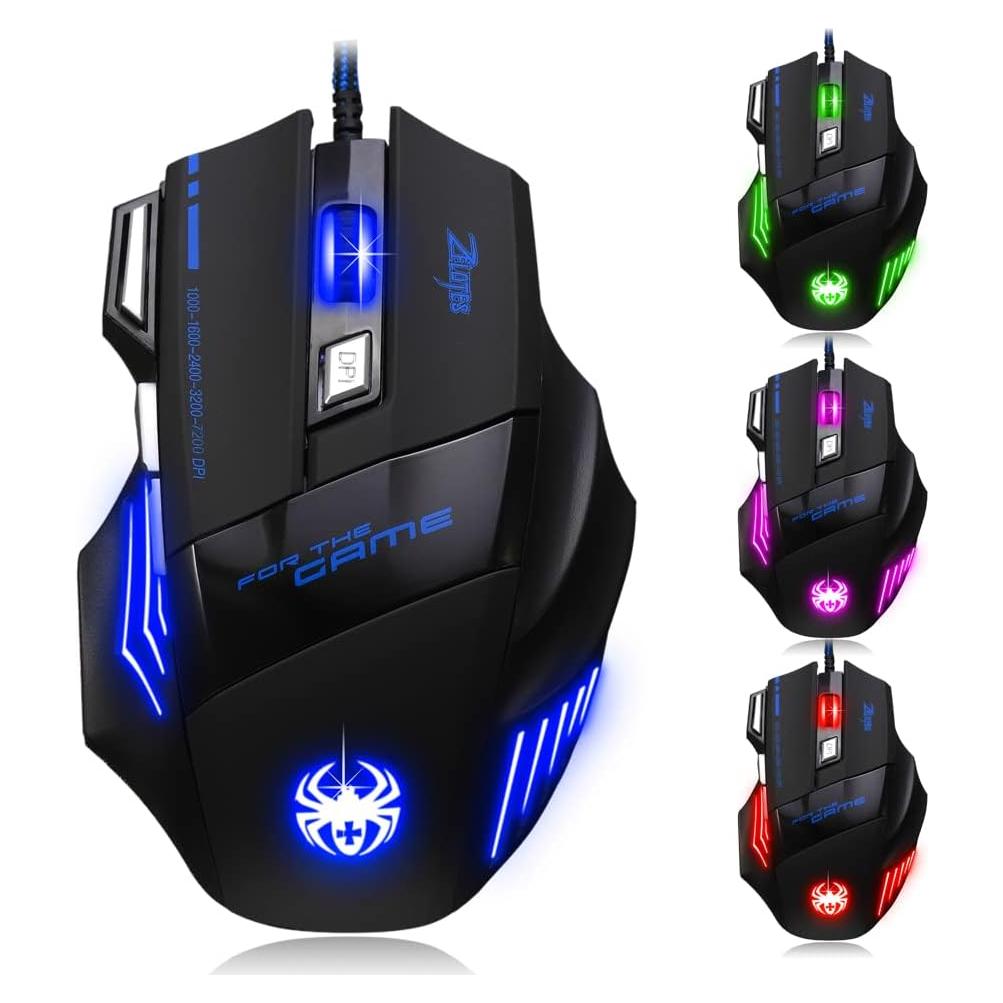 Mouse Gaming con Cable Zelotes T80, 7200 DPI, 7 Botones, LED