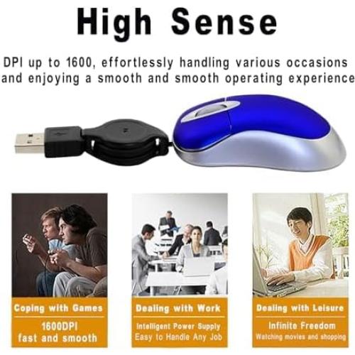 Ratón USB Mini Cableado Bebettor Azul 1600 DPI Retráctil
