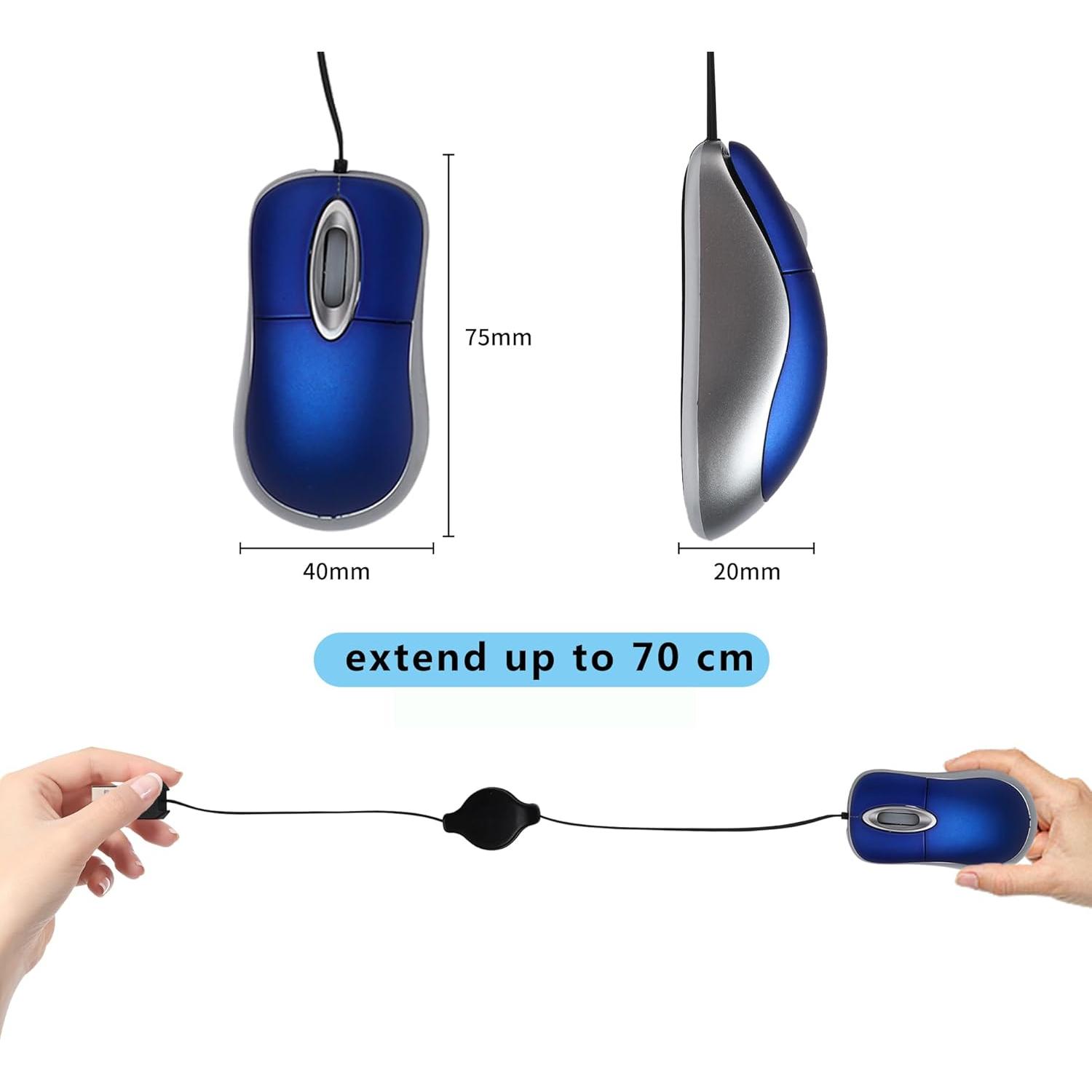 Ratón USB Mini Cableado Bebettor Azul 1600 DPI Retráctil