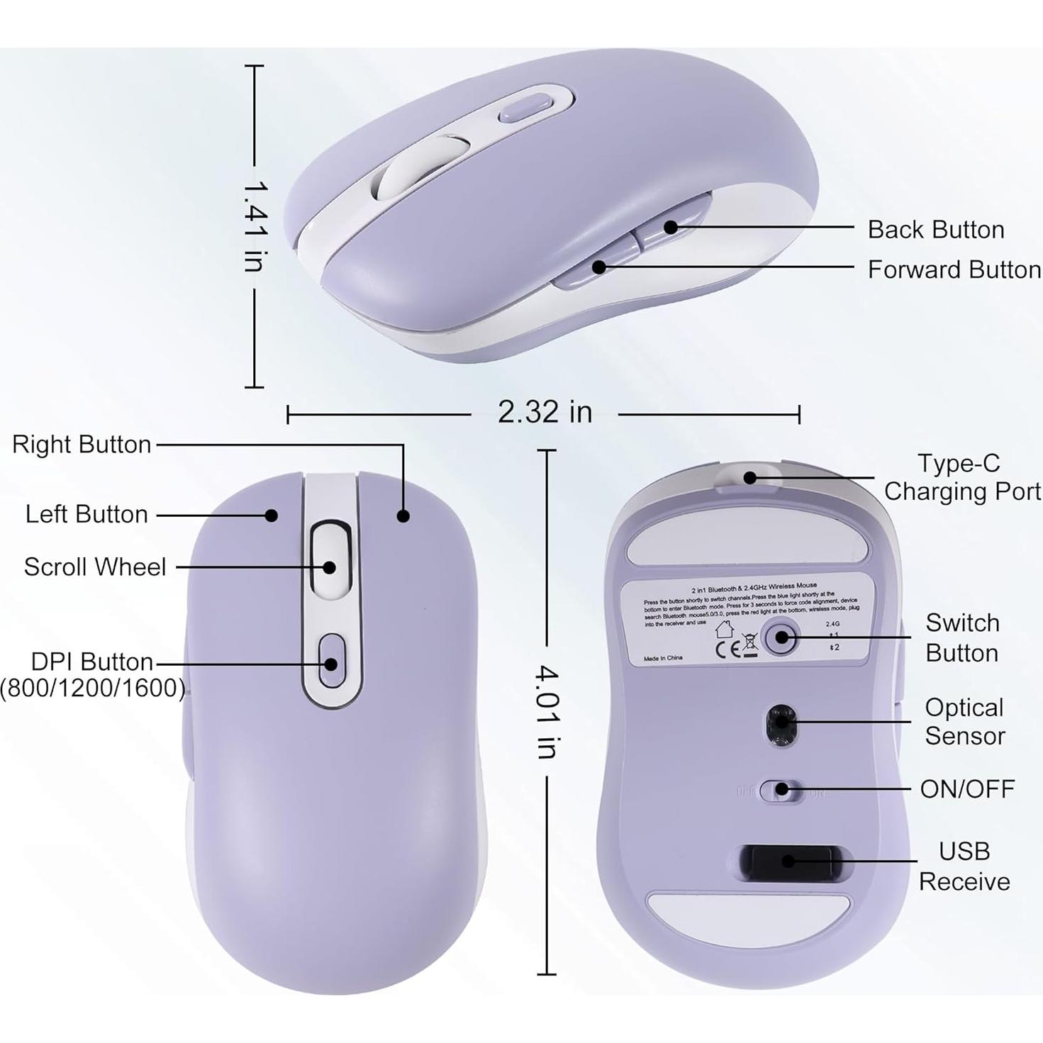 Ratón Inalámbrico Bluetooth CHUYI 2.4G Recargable 3 DPI Púrpura