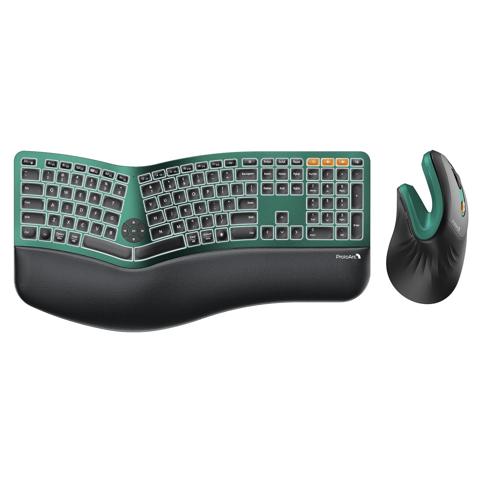 Teclado Ergonómico Inalámbrico ProtoArc EK01 Plus Verde y Ratón Vertical EM11 NL