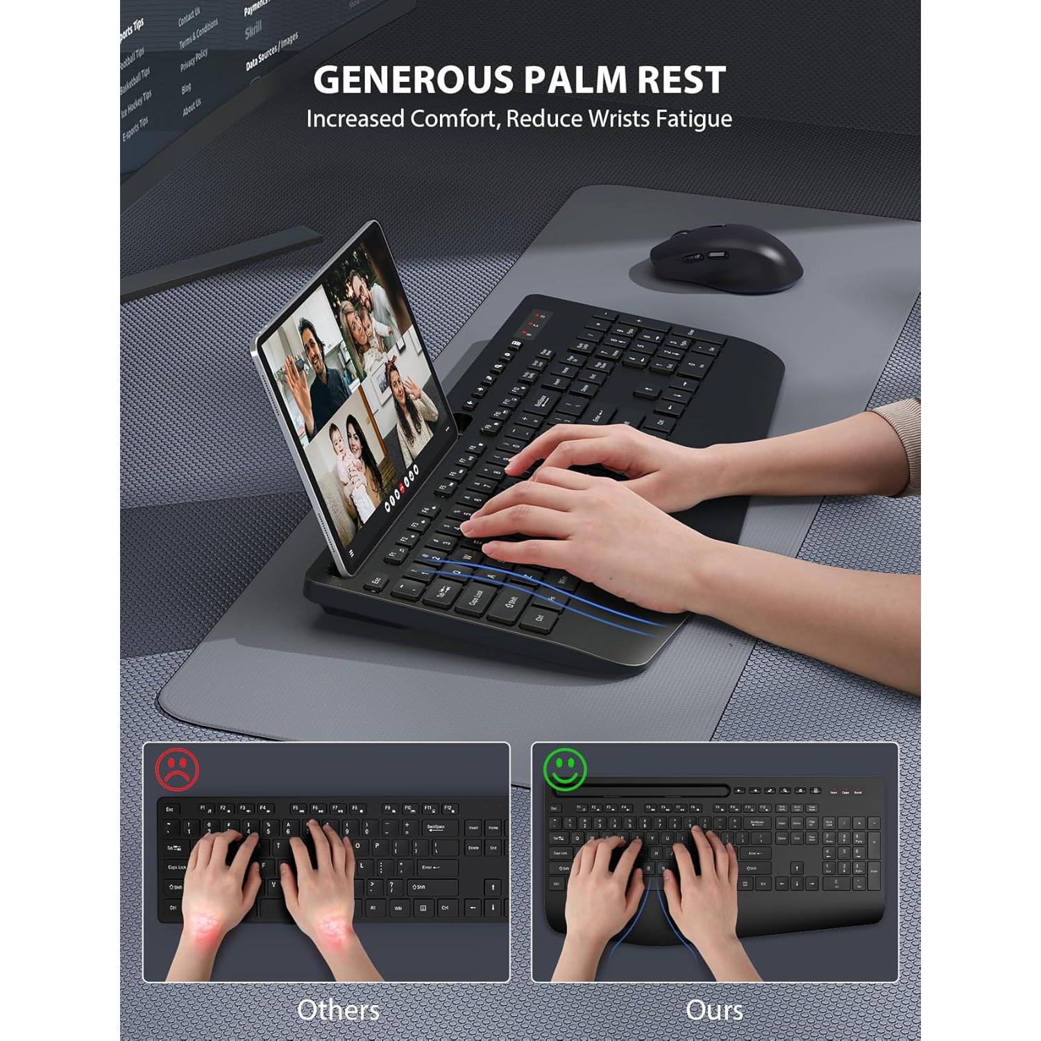 2 Pack Wireless Keyboard and Mouse Combo Full-Sized Ergonomic Keyboard with Wrist Rest, Phone Holder,Retro Round Keycaps, Light Up Letters for Mac, Windows, PC, Laptop