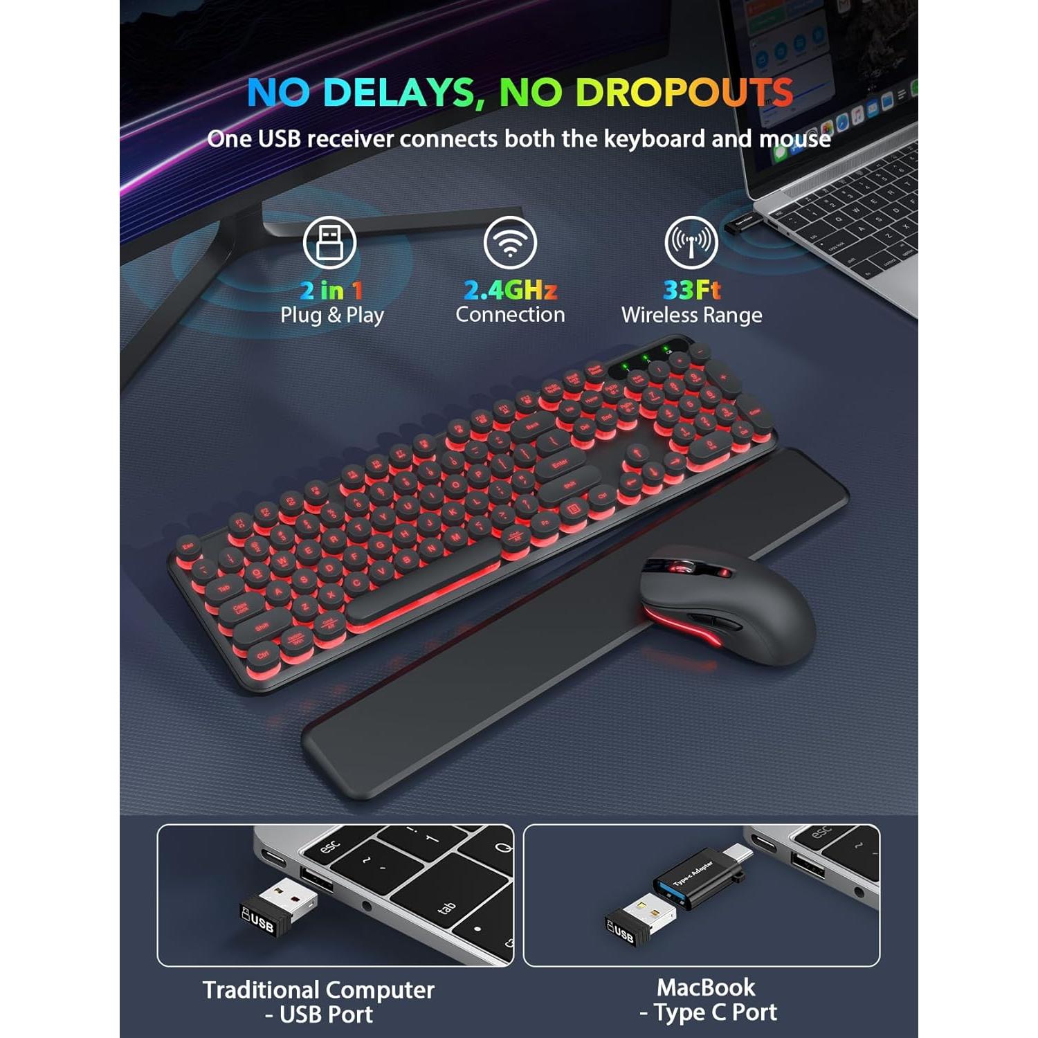 2 Pack Wireless Keyboard and Mouse Combo Full-Sized Ergonomic Keyboard with Wrist Rest, Phone Holder,Retro Round Keycaps, Light Up Letters for Mac, Windows, PC, Laptop