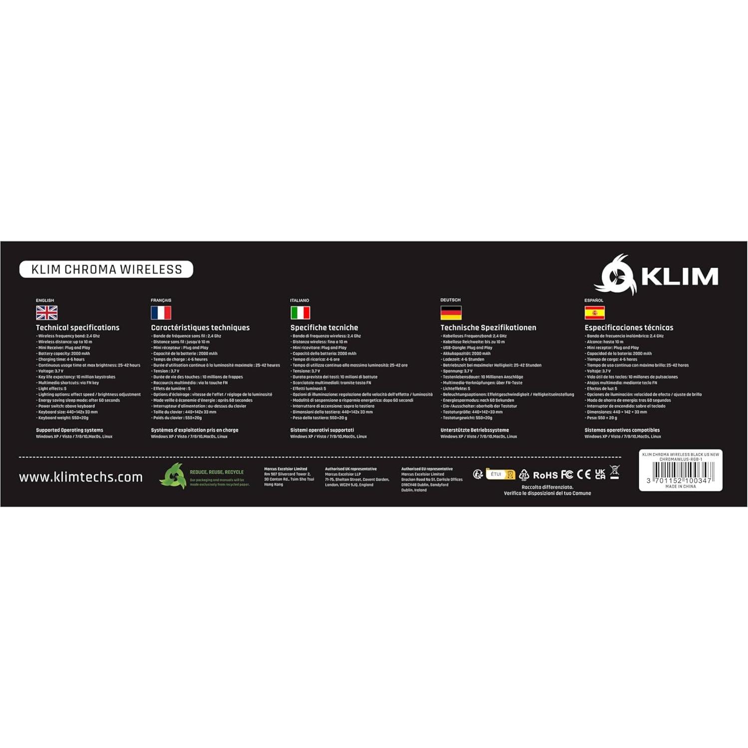 Teclado Gaming Inalámbrico KLIM Chroma RGB - Resistente al Agua