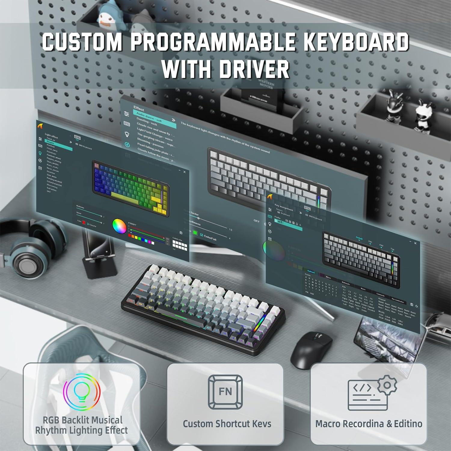 ATTACK SHARK M86 Wireless Mechanical Keyboard, 75% Layout Gasket Custom Structure,Hot Swappable,RGB Backlit,Pre-lubed Switches,Side Printed PBT Keycaps,Tri-Mode BT5.0/2.4GHz/USB-C Keyboard for Win/Mac