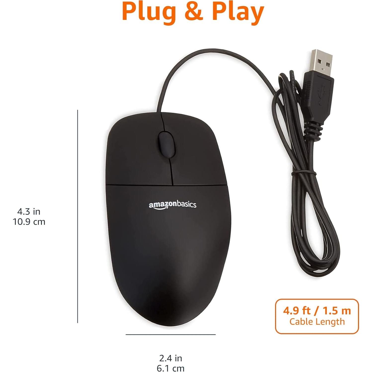 Ratón USB con Cable Amazon Basics 3 Botones Negro 1000 dpi