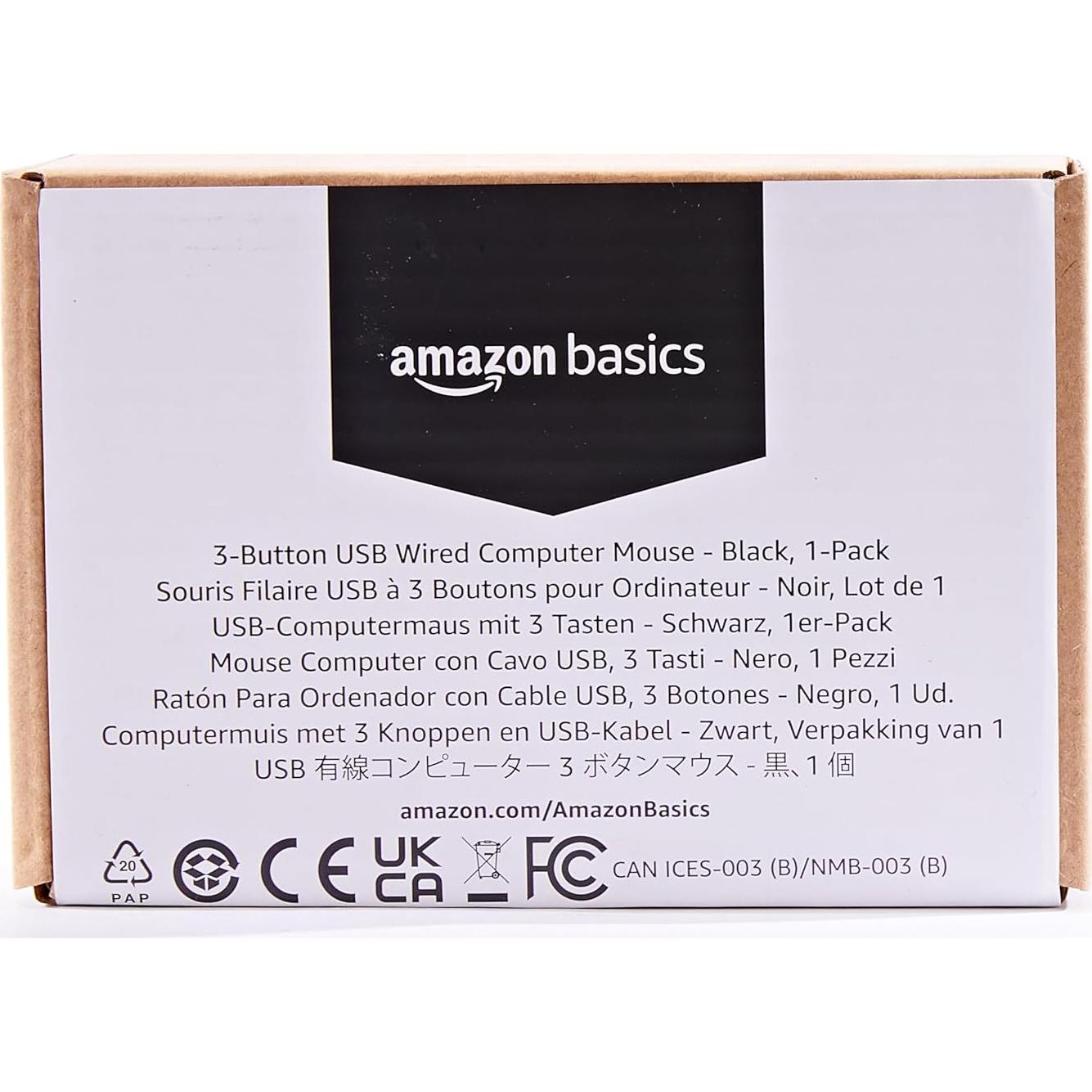 Ratón USB con Cable Amazon Basics 3 Botones Negro 1000 dpi