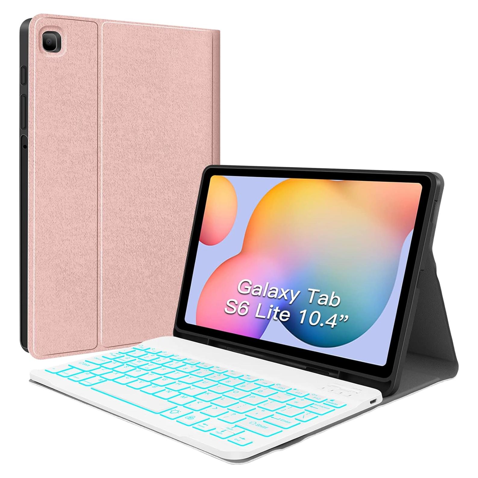 Funda Teclado Retroiluminado JUQITECH para Galaxy Tab S6 Lite 10.4 Rosa