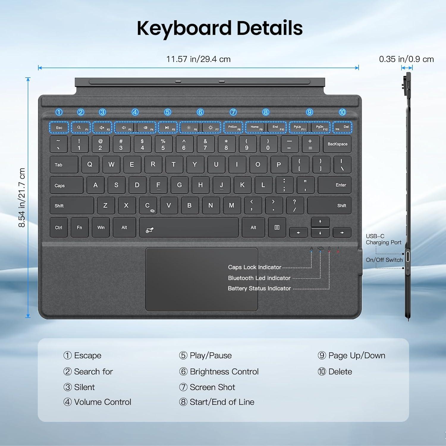 Teclado Inalámbrico MoKo para Microsoft Surface Pro 7 Plus/7/6/5/4/3, Gris