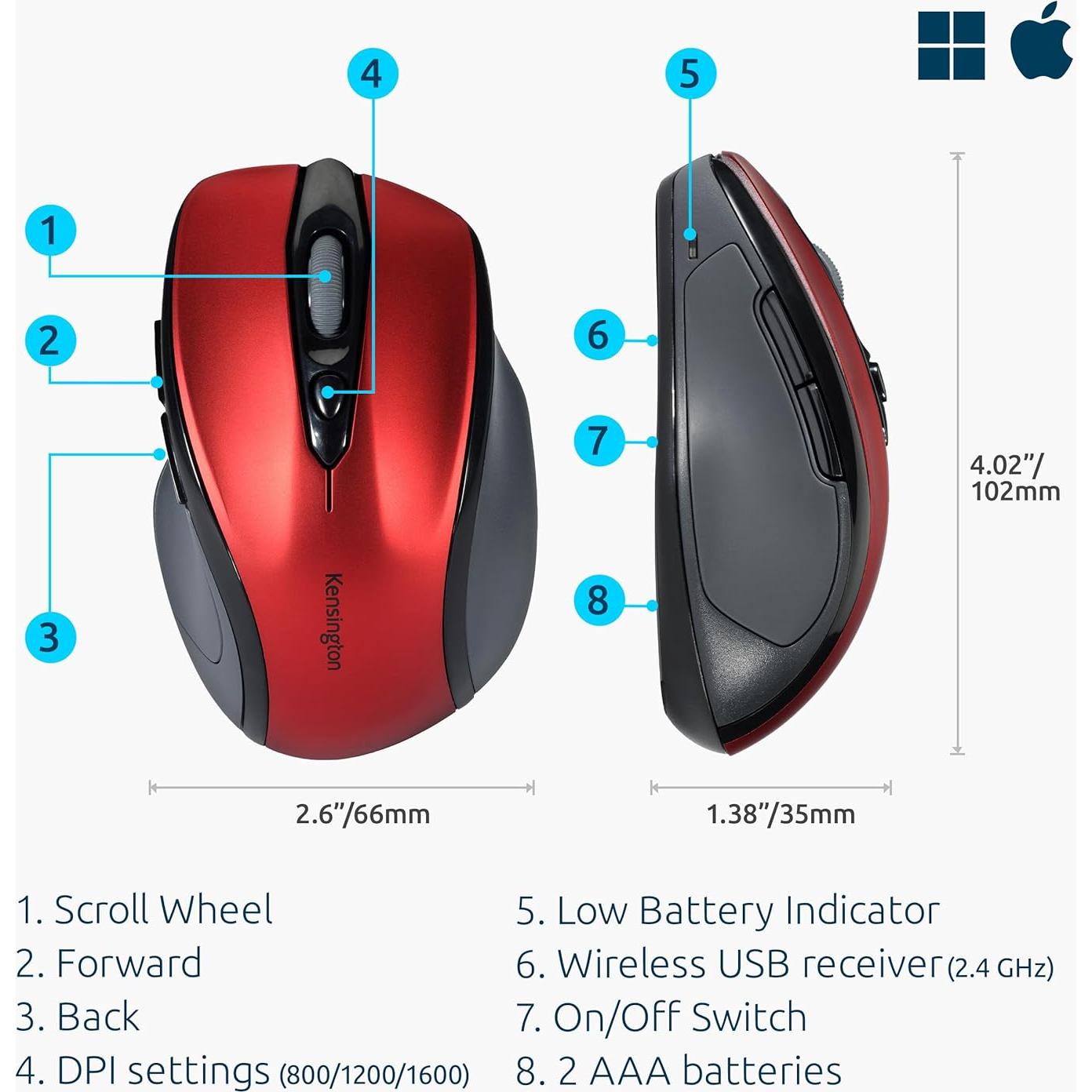 Mouse Inalambrico Kensington Pro Fit Mediano Rojo Rubí 1750 DPI