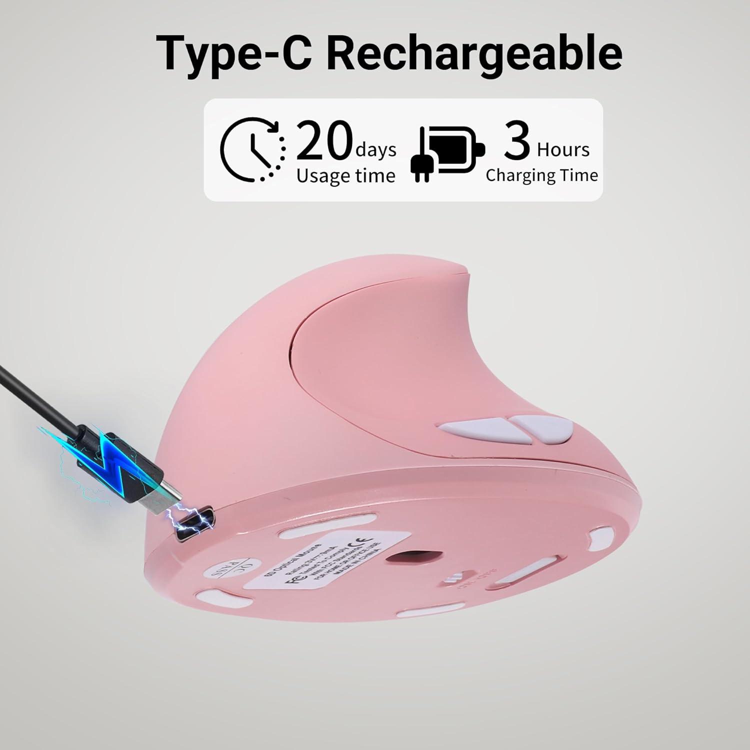 Ratón Vertical Inalámbrico Bebettor Rosa 2.4G Ergonómico 6 Botones
