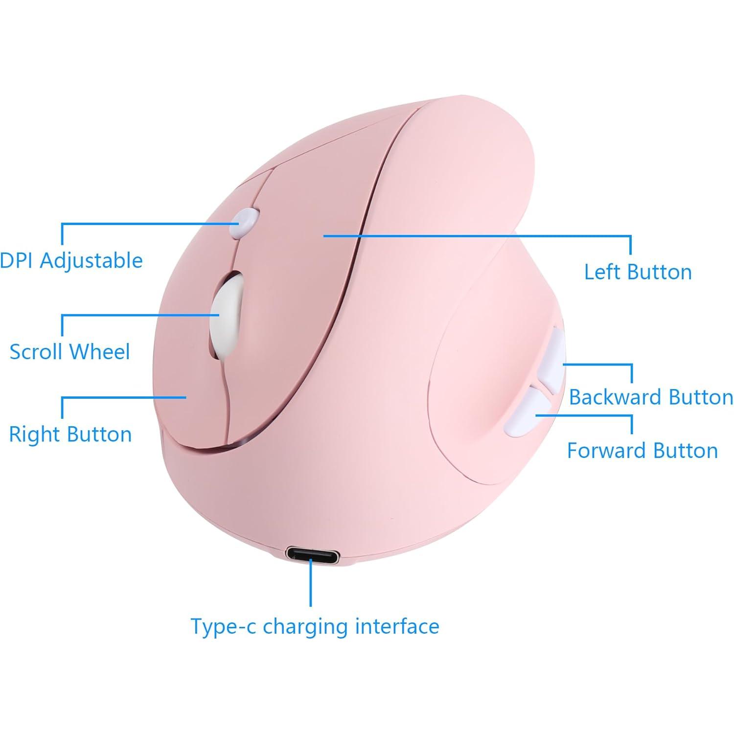 Ratón Vertical Inalámbrico Bebettor Rosa 2.4G Ergonómico 6 Botones