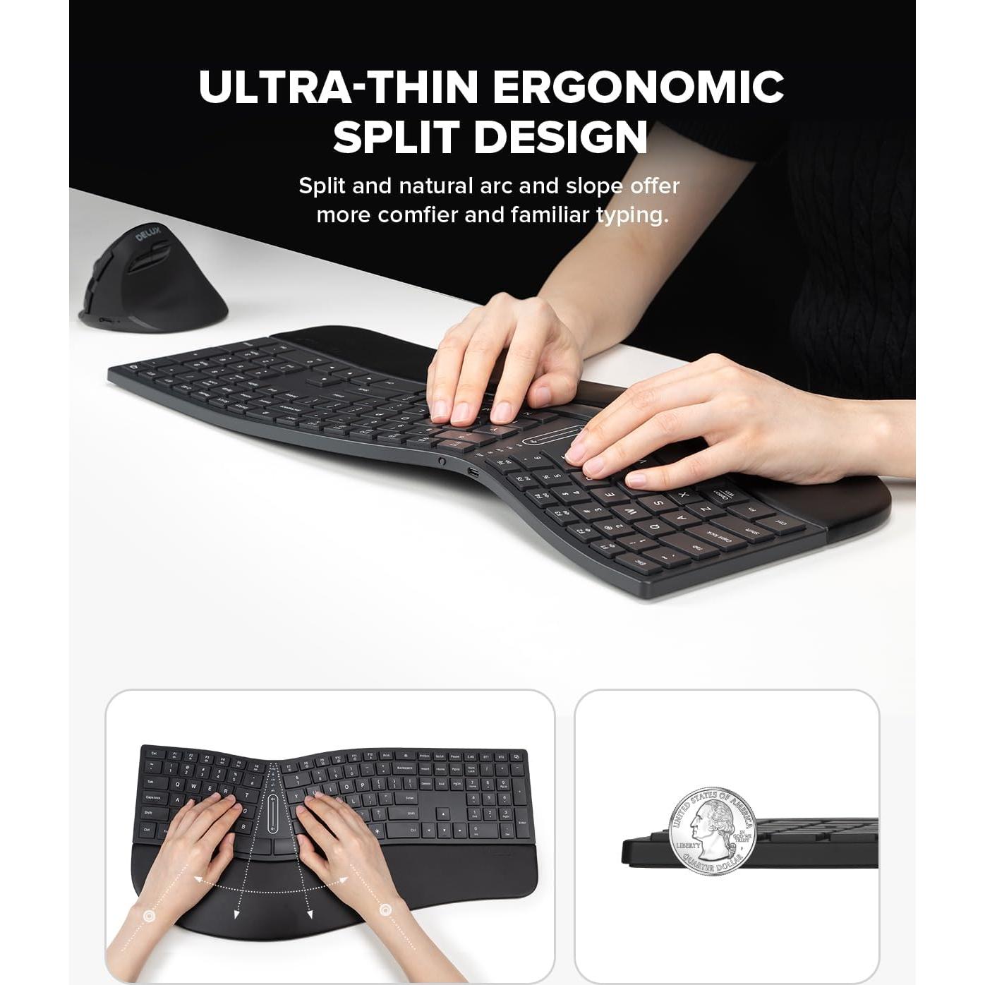 DeLUX Wireless Ergonomic Keyboard and Mouse Combo, Full Size Backlit Split Keyboard and Vertical Mouse with OLED Screen