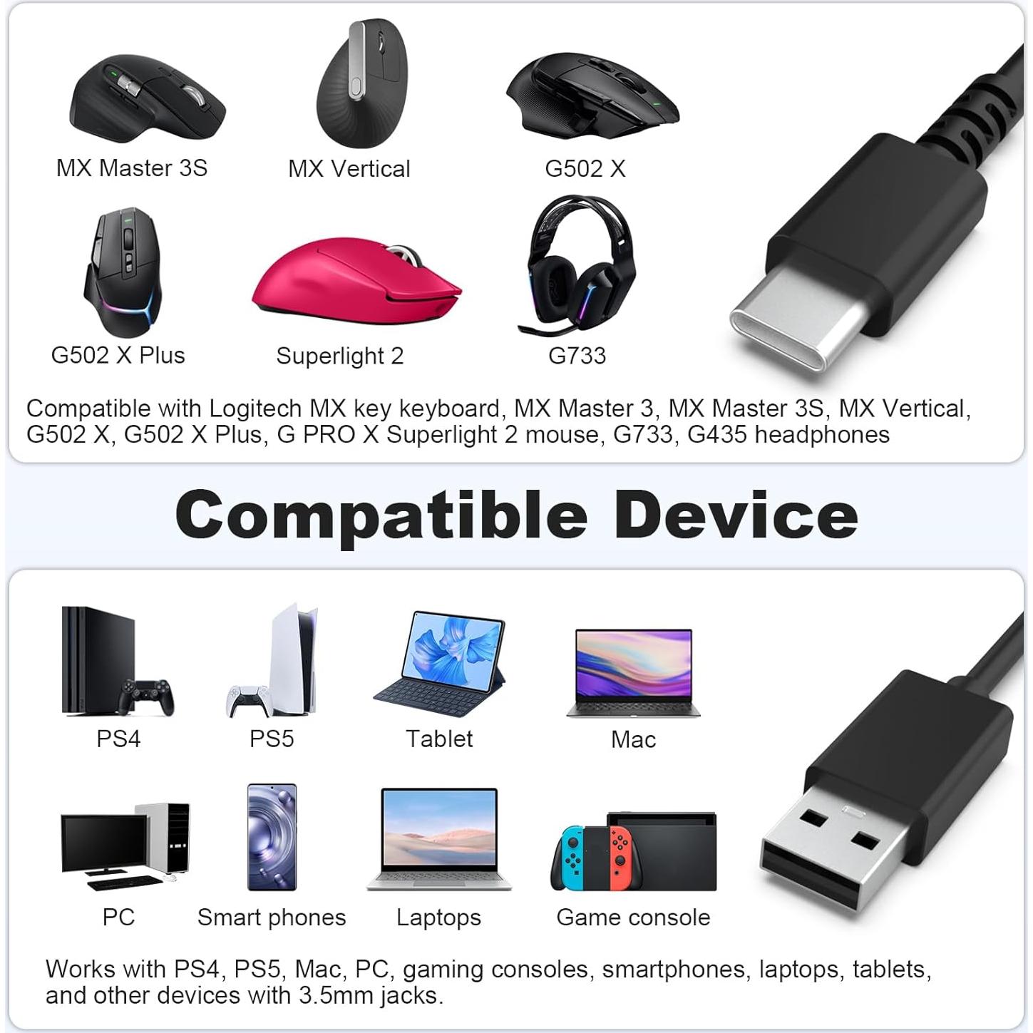 Cable de carga USB C 1.8m Gneinour para Logitech MX Master 3