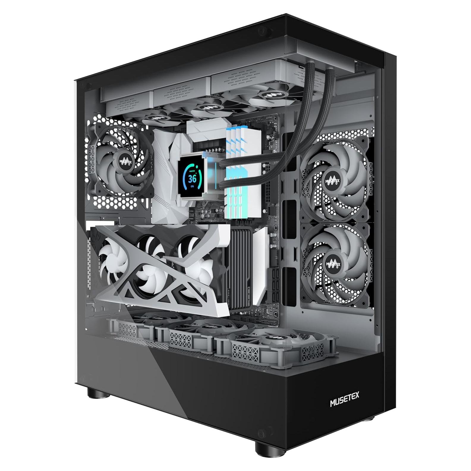 MUSETEX K2 PC Case, Computer Case 360MM RAD Support, Type-C Black ATX Case for PC, Full-View Dual Tempered Glass Mid Tower Case with 3 Non-LED Fans, Desktop Pc Gaming Case
