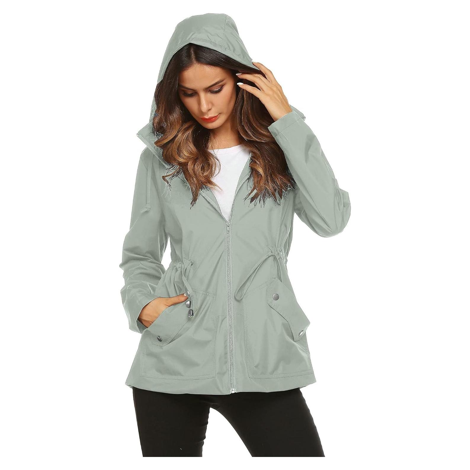 Chaqueta de Lluvia ZHENWEI para Mujeres Impermeable Gris Claro