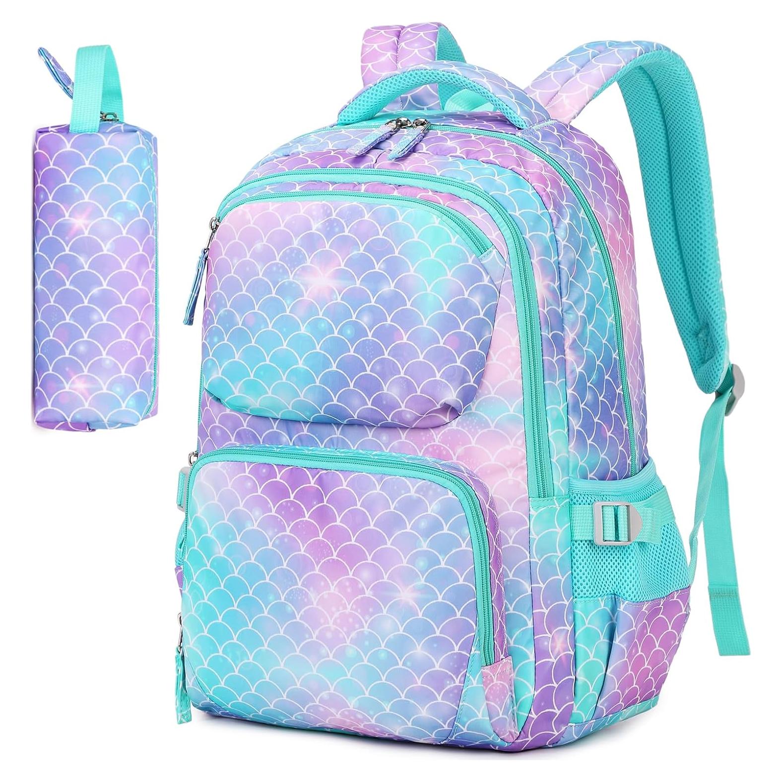 Mochila Escolar ASKSKY Sirena Verde con Estuche 45x20x33cm