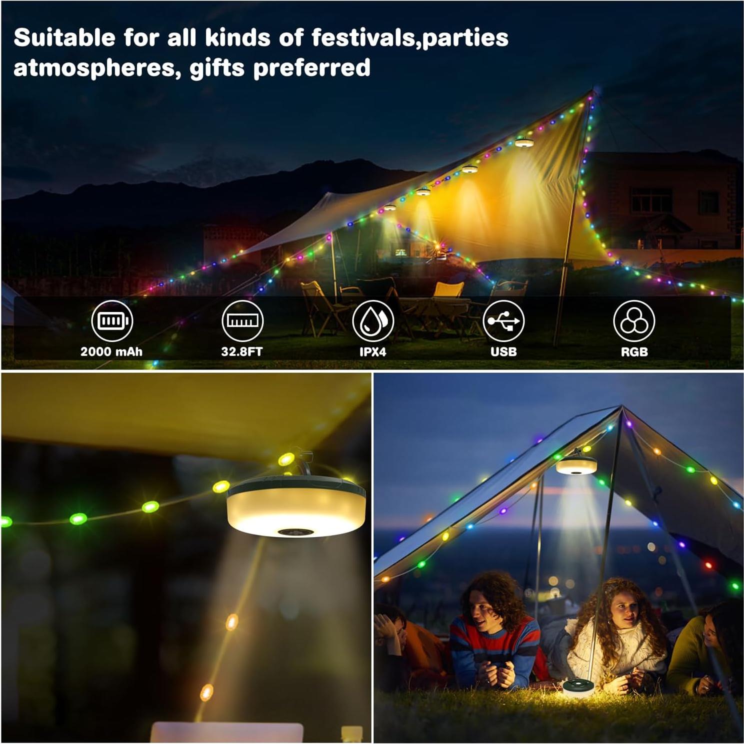 Luces de Cuerda para Camping Siloon 10m, Recargables USB, Impermeables