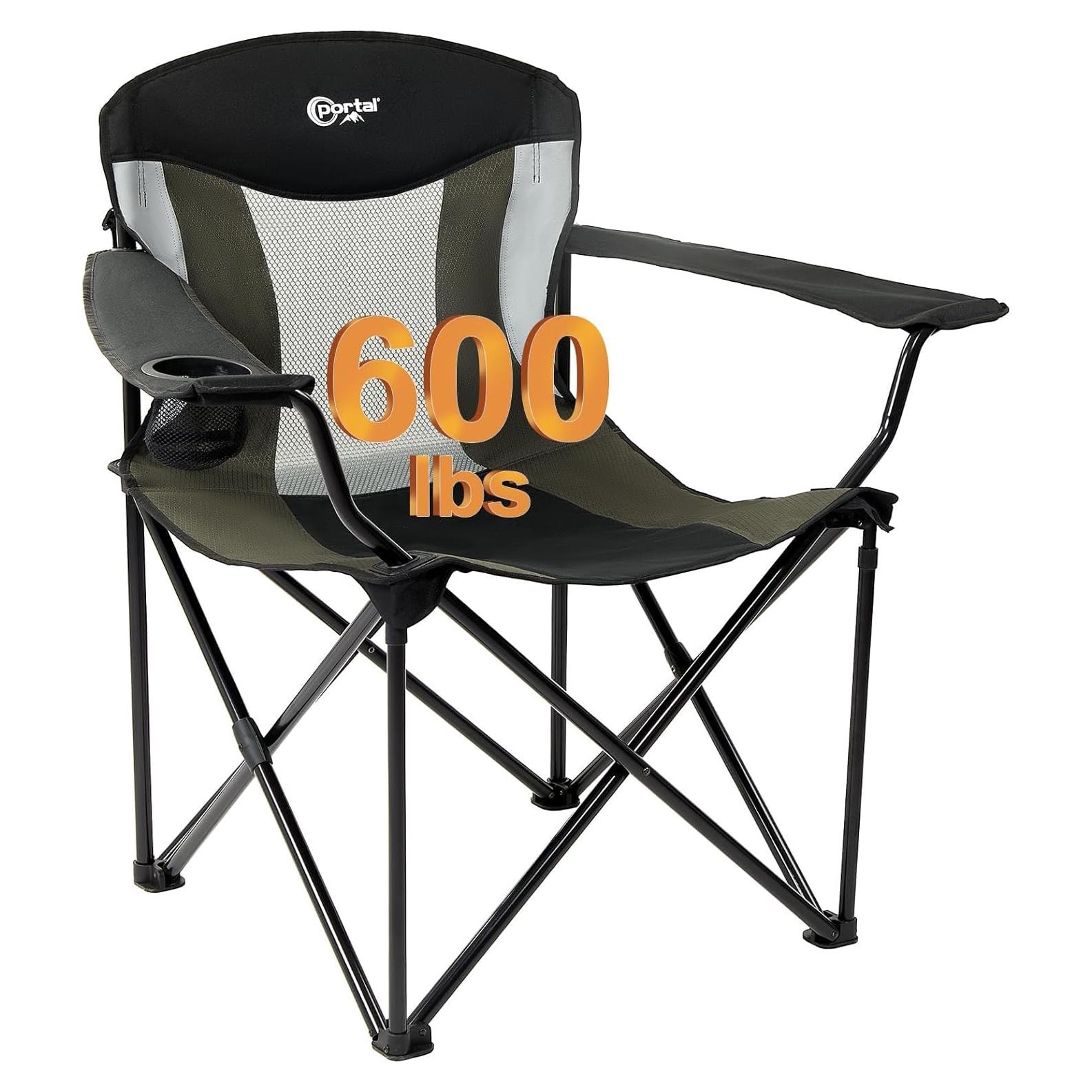 Silla de Camping Plegable PORTAL XXL, Soporta 272 kg, Negro/Gris