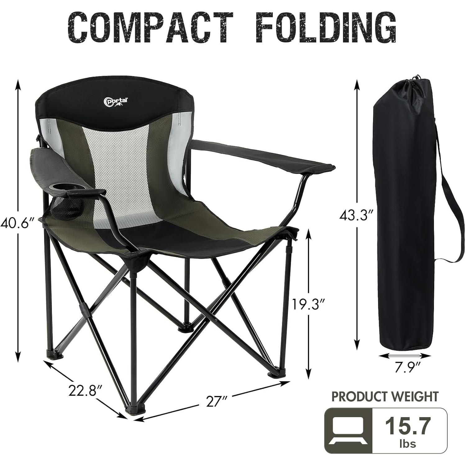 Silla de Camping Plegable PORTAL XXL, Soporta 272 kg, Negro/Gris