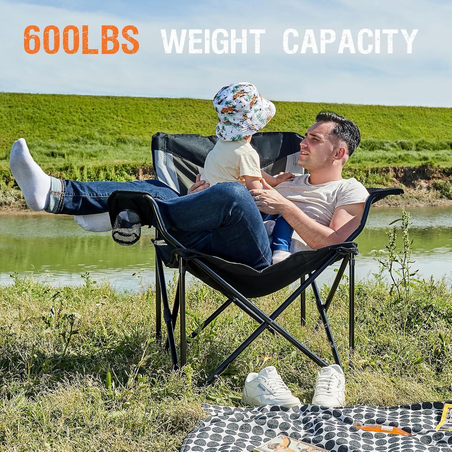 Silla de Camping Plegable PORTAL XXL, Soporta 272 kg, Negro/Gris