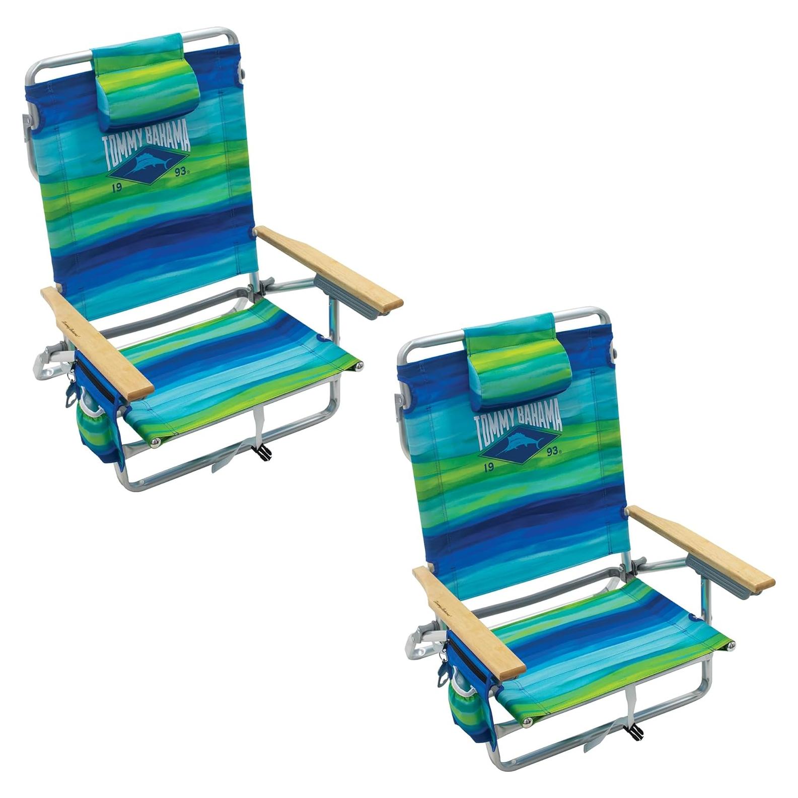 2-Pack 5-Position Classic Lay Flat Backpack Beach Chair with Cooler and Cup Holder, Portable Folding Beach Chair for Tanning, Blue/Green