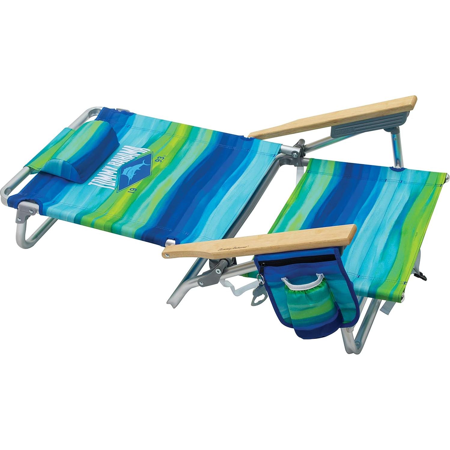 2-Pack 5-Position Classic Lay Flat Backpack Beach Chair with Cooler and Cup Holder, Portable Folding Beach Chair for Tanning, Blue/Green