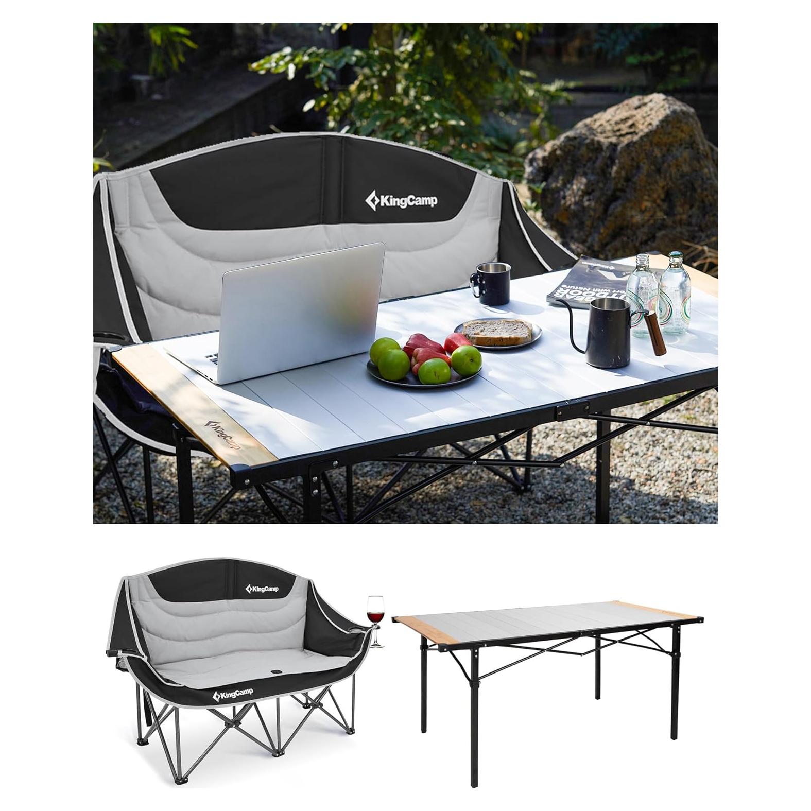 Silla de Camping Doble KingCamp con Porta Vasos y Mesa Plegable