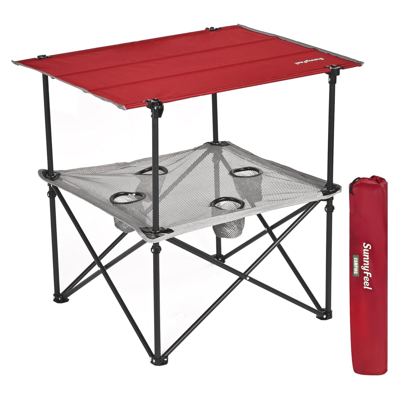 Mesa de Camping Plegable SUNNYFEEL Roja con 4 Portavasos