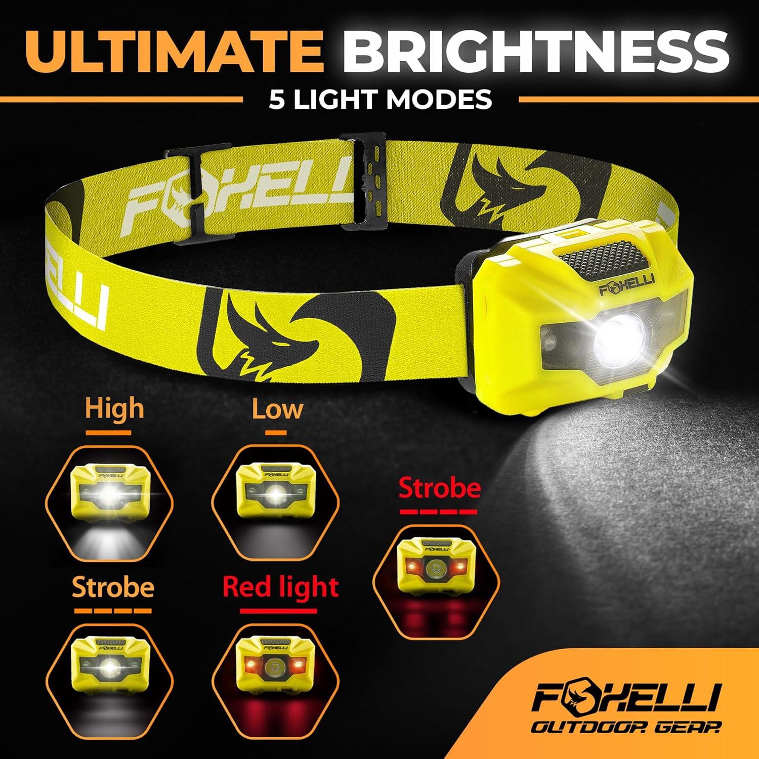 Linterna Frontal LED Foxelli MX200 - Recargable, Impermeable, 180 Lúmenes