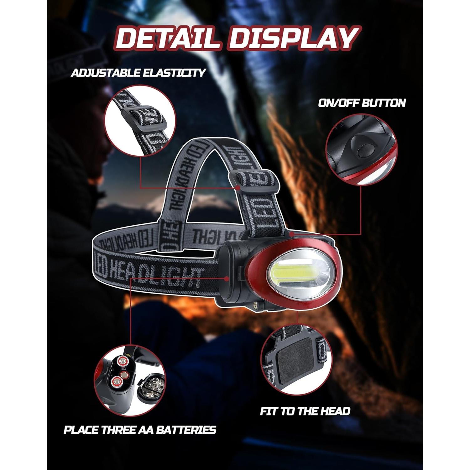 Camping Headlamp Flashlight 8 Pack, Outdoor Super Bright COB Head Lamp Gear for Running, Reading, Hiking, Walking, Climbing, Fishing, Hunting, Jogging, Headlight Multipack for Adults, Kids