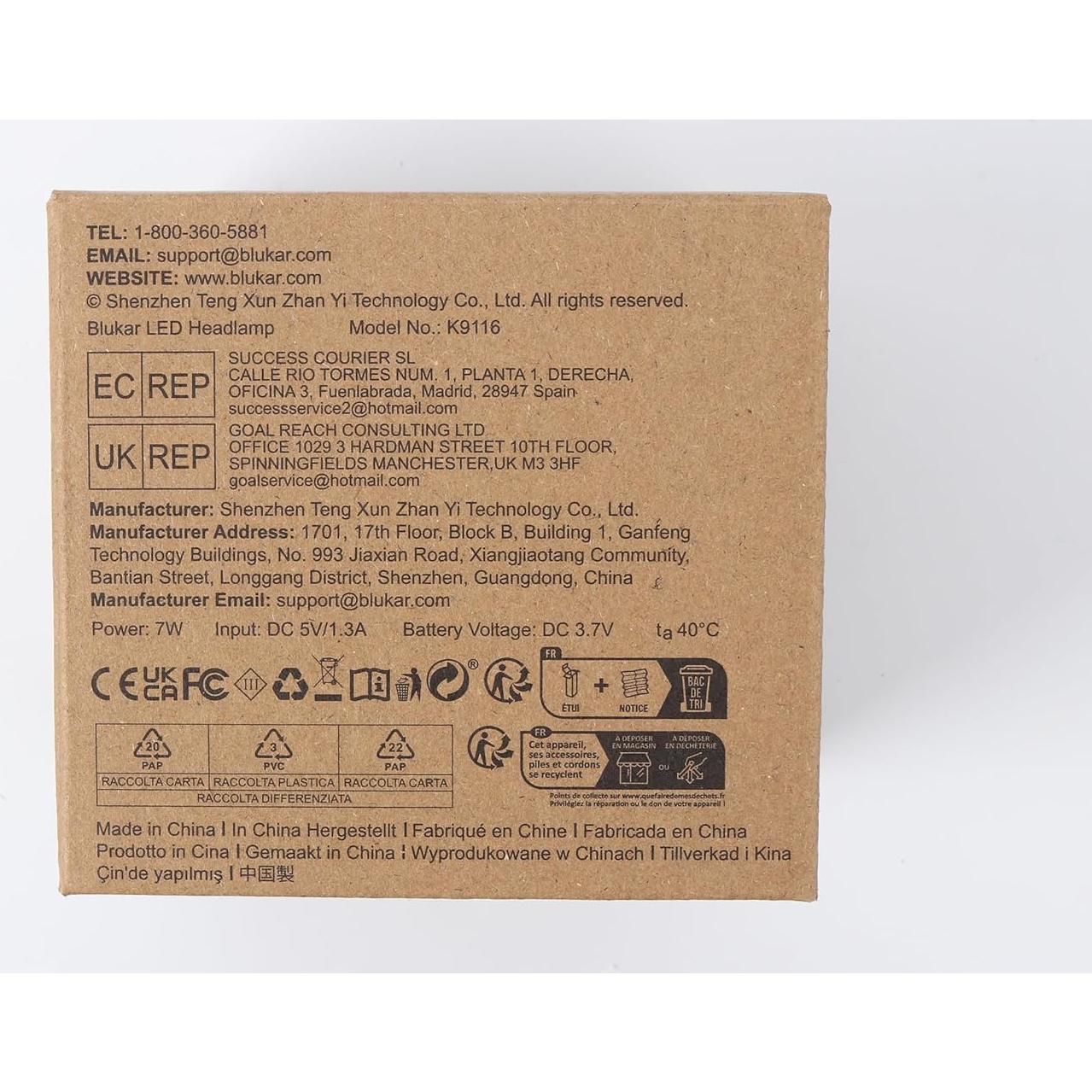 Linterna Frontal LED Blukar K9116 Recargable IPX6 5 Modos